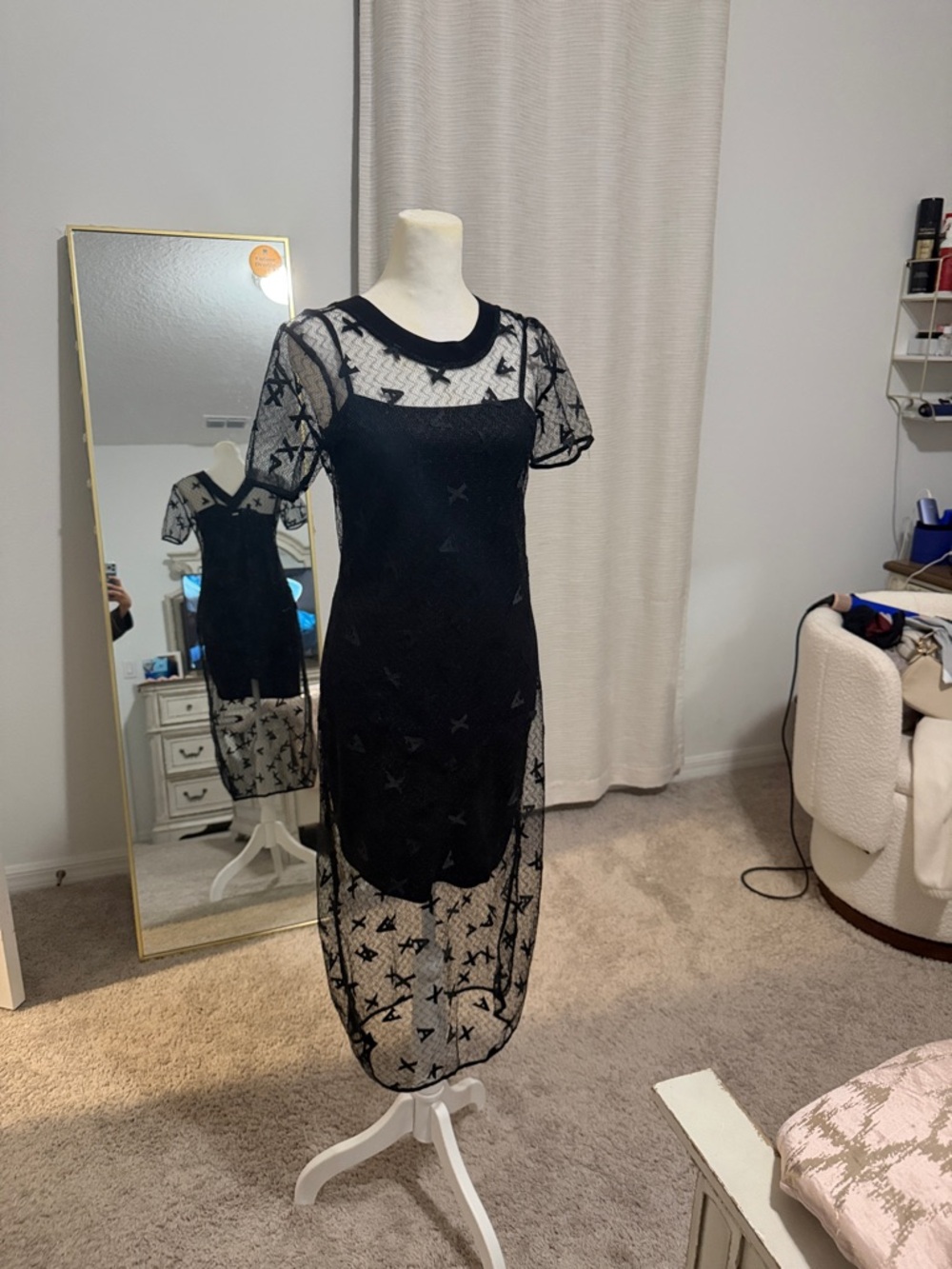 Armani Exchange Black Sheer Star-Overlay Midi Dress